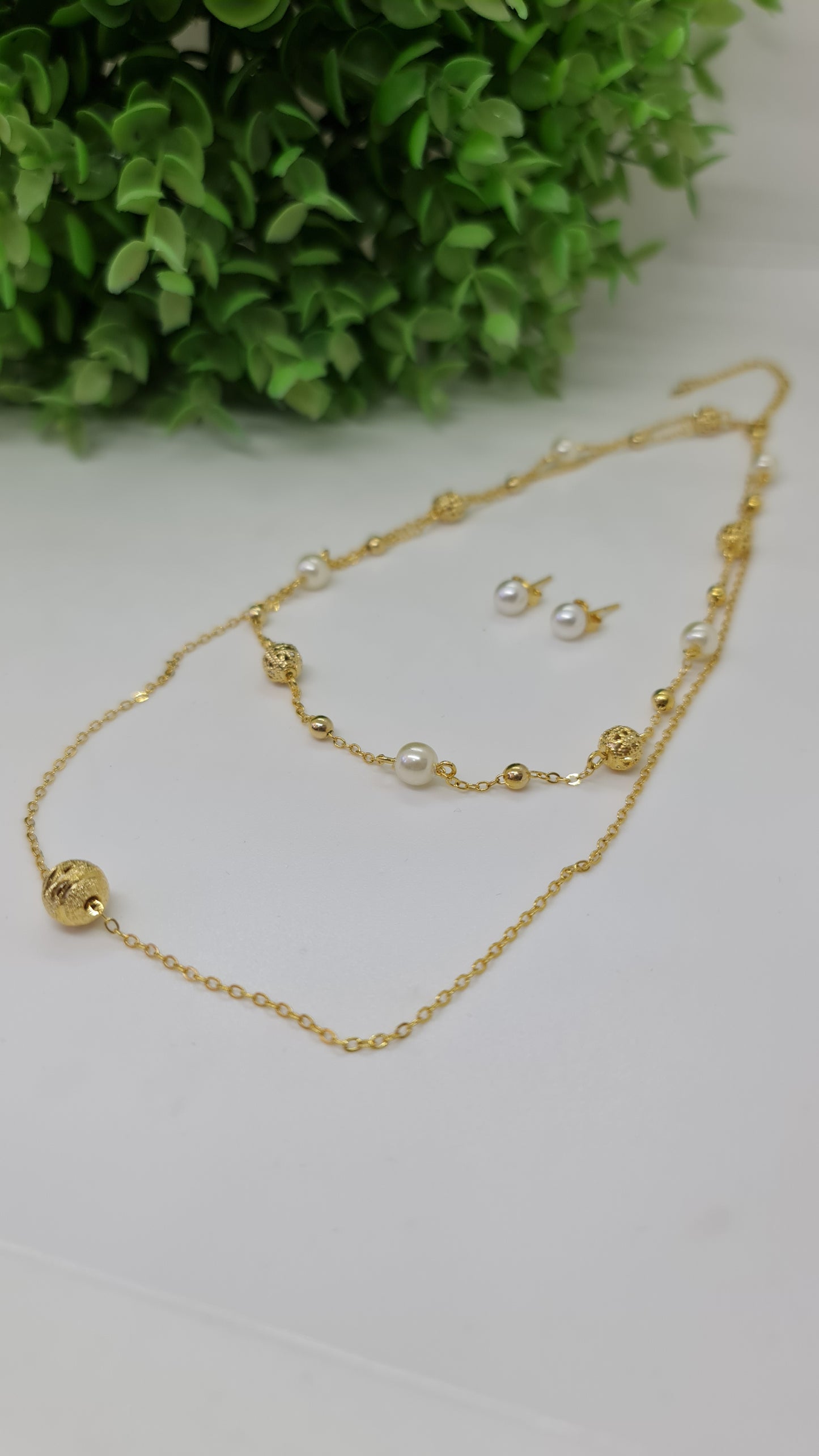 Set de cadena doble con esferas y perlas + aros