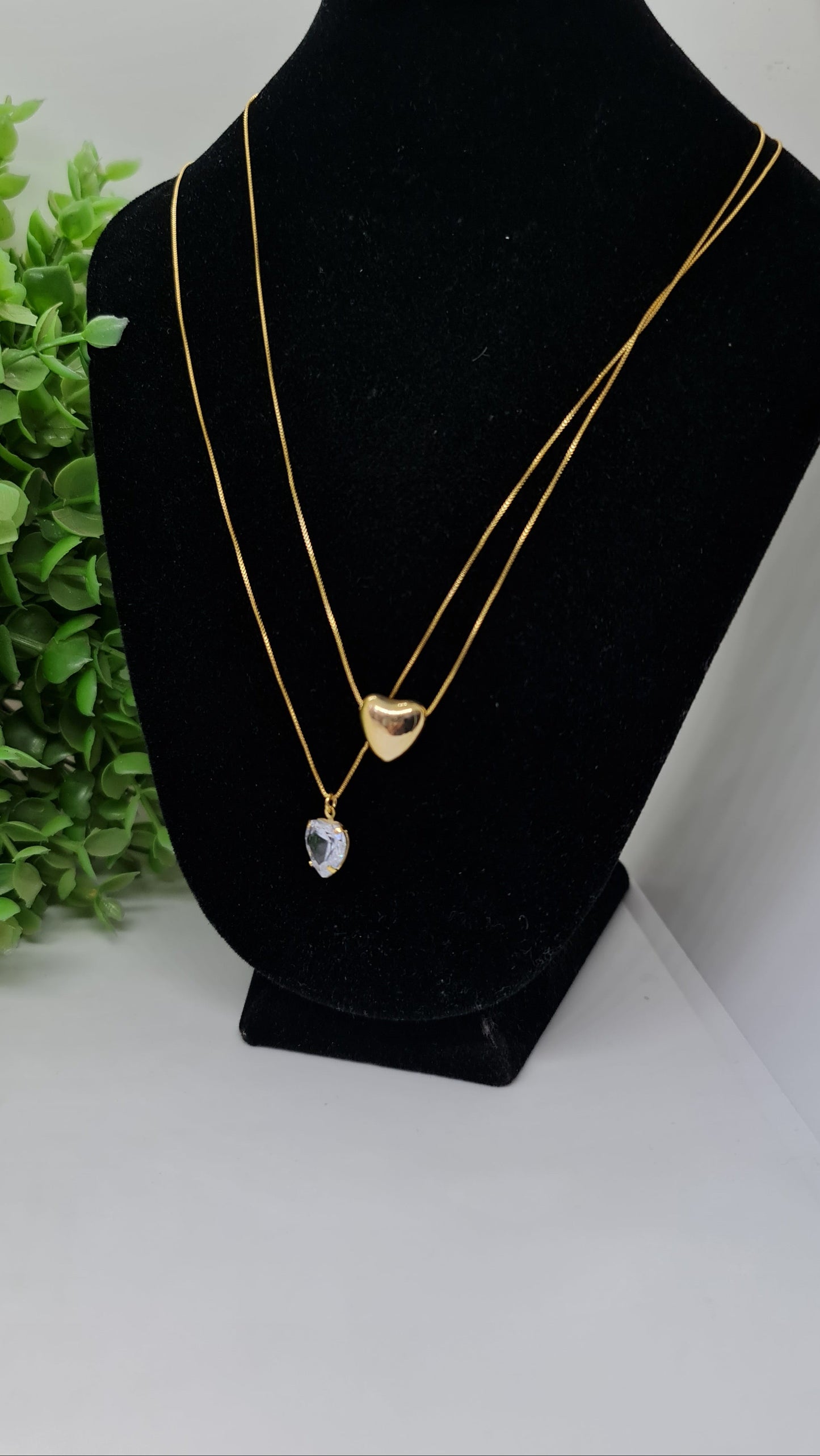 Set cadena doble con dije de corazon dorado y dije de corazon brillante + aros