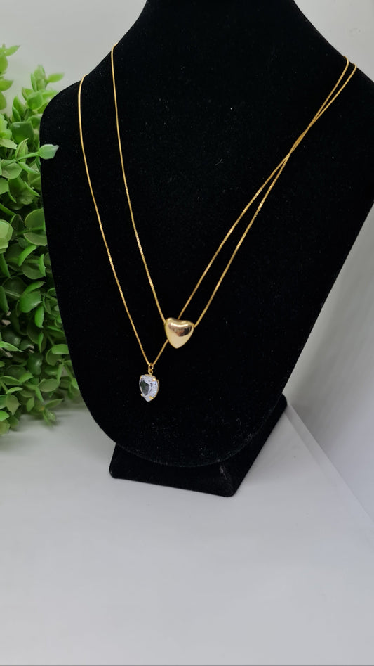 Set cadena doble con dije de corazon dorado y dije de corazon brillante + aros