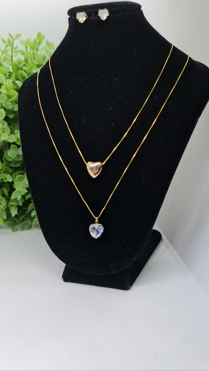 Set cadena doble con dije de corazon dorado y dije de corazon brillante + aros