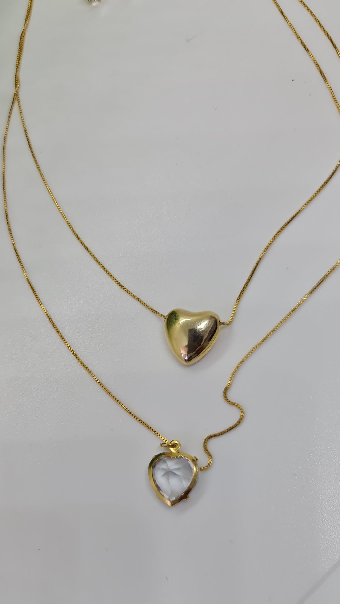 Set cadena doble con dije de corazon dorado y dije de corazon brillante + aros