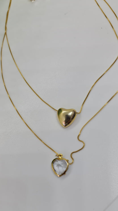 Set cadena doble con dije de corazon dorado y dije de corazon brillante + aros
