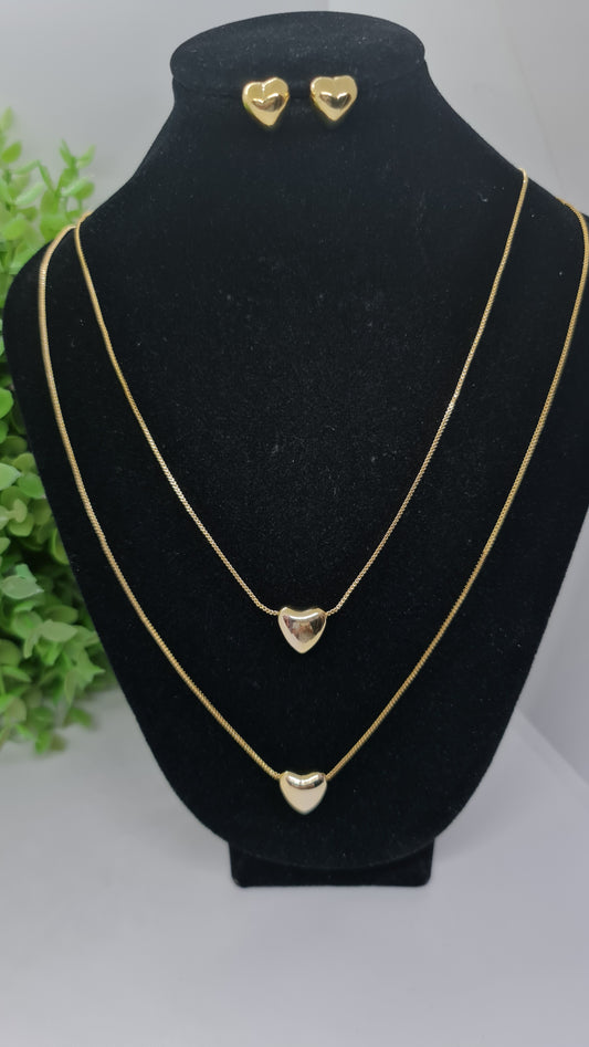 Set cadena doble con corazones macizos dorados + aros