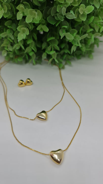 Set cadena doble con corazones macizos dorados + aros