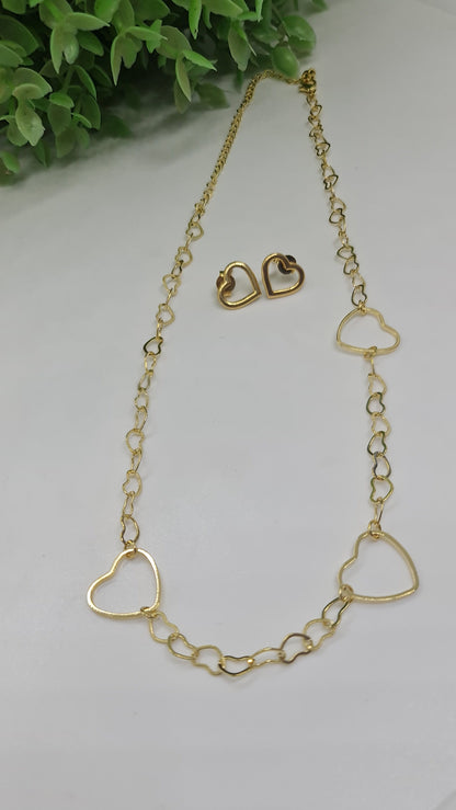 Set de cadena dorada de corazones entrelazados + aros de corazones