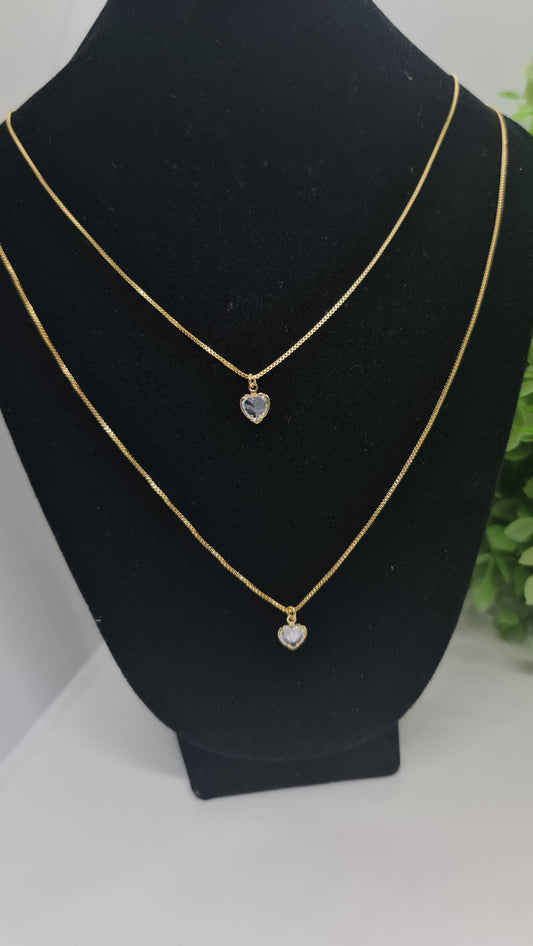 Set cadena doble con dije de corazon en circon + aros de corazon