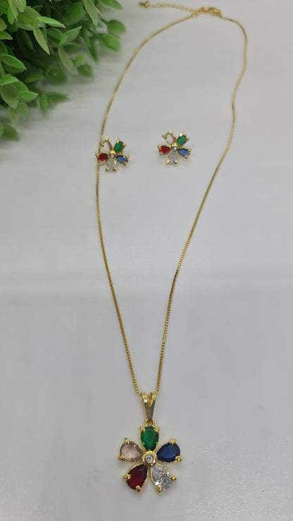 Set de cadena dorada con dije de flor multicolor + aros