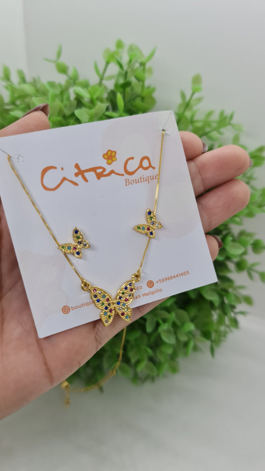 Set cadena mariposa de circones multicolores + aros
