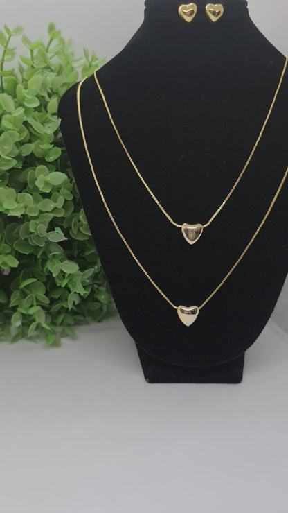 Set cadena doble con corazones macizos dorados + aros