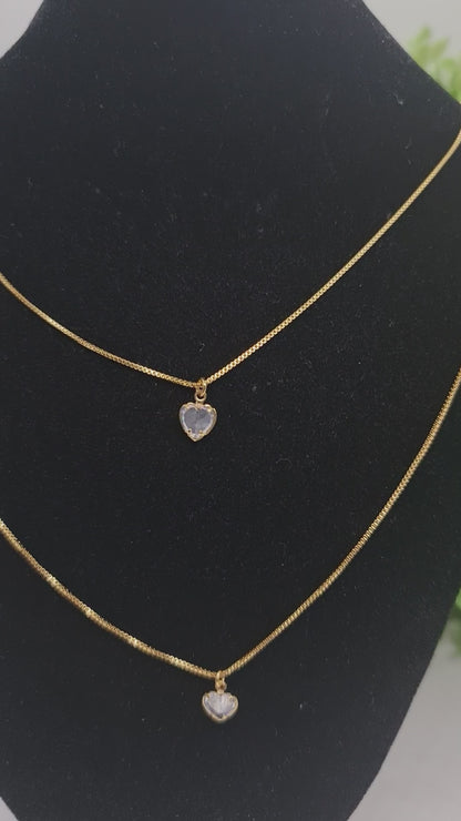 Set cadena doble con dije de corazon en circon + aros de corazon